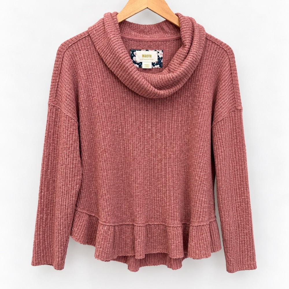 Maeve Anthropologie Feminine Waffle Knit Cowl Neck Ruffle Hem Top Small